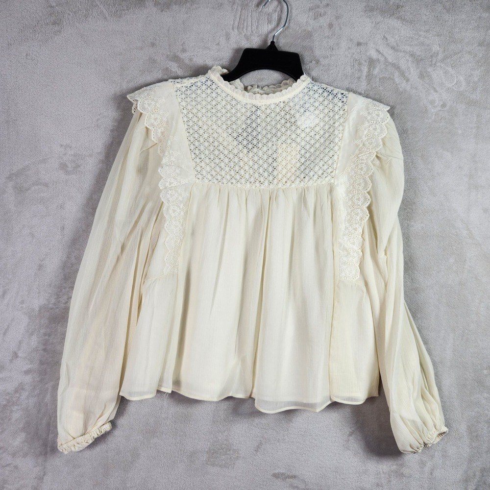 Melloday Lace Trim Blouse Women Large Cream Boho Crochet Peasant Top Cottagecore